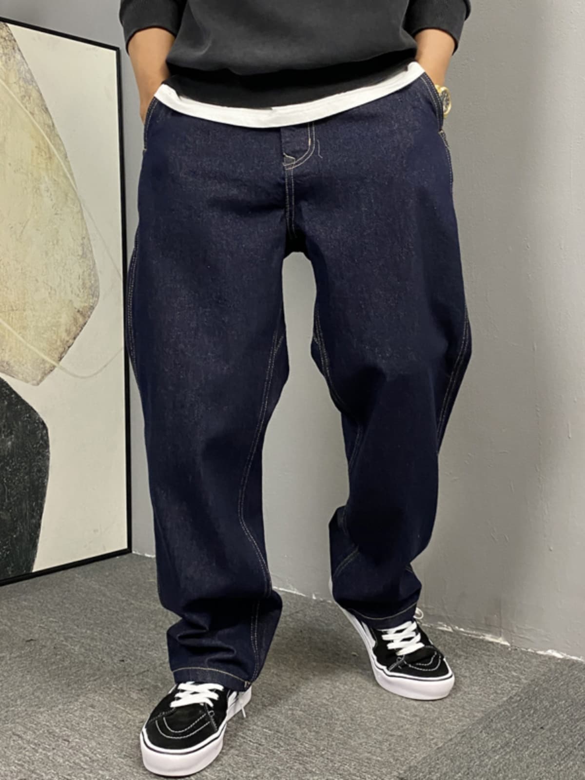 50代メンズファッション パンツ/ズボン ゆったりデニムワイドパンツ
