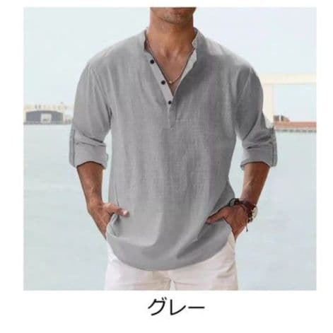 50代メンズファッション トップス リネン素材ゆったり【ヘンリーネックシャツ】
