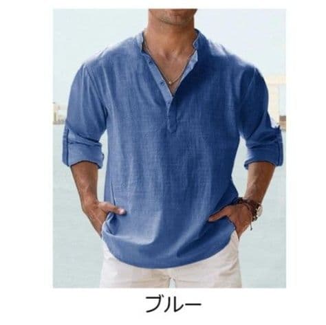 50代メンズファッション トップス リネン素材ゆったり【ヘンリーネックシャツ】