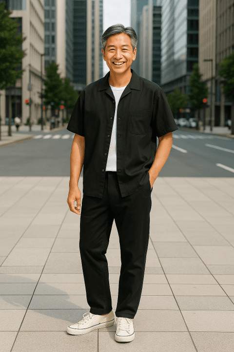 50代メンズファッション 上質シンプル【半袖シャツ】ブラック　 在庫なくなり次第終了