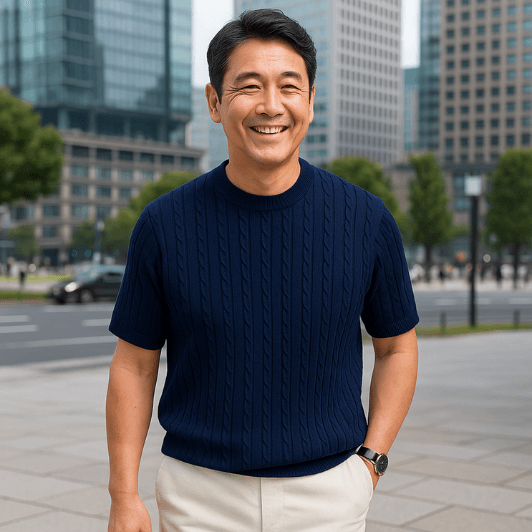 50代メンズファッション 立体編み柄　【サマーニット】