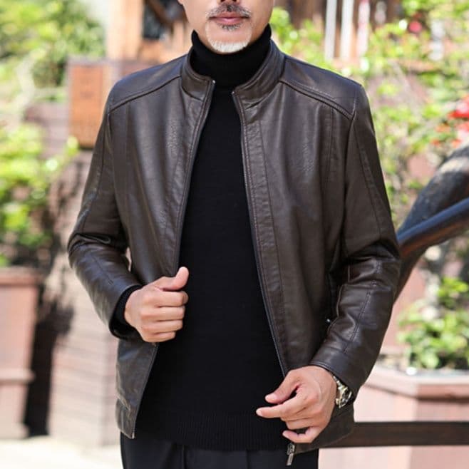 50代　メンズファッション60代も着こなせる アウター 大人の品格【シンプル革調ジャケット】革ジャン・ブラック/ブラウン 在庫少