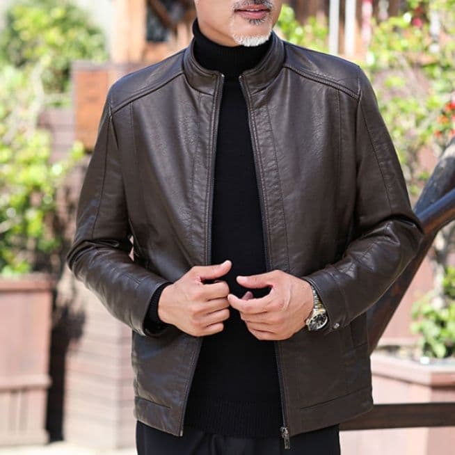50代　メンズファッション60代も着こなせる アウター 大人の品格【シンプル革調ジャケット】革ジャン・ブラック/ブラウン 在庫少