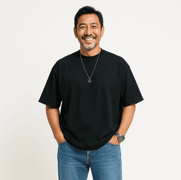 50代メンズファッション  【ゆったりシルエット 黒Ｔシャツ】（M,Lサイズ）