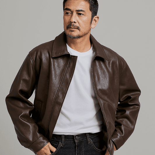 50代メンズファッション　アウター　本革のような上質な風合い【ブルゾンジャケット・革ジャン】