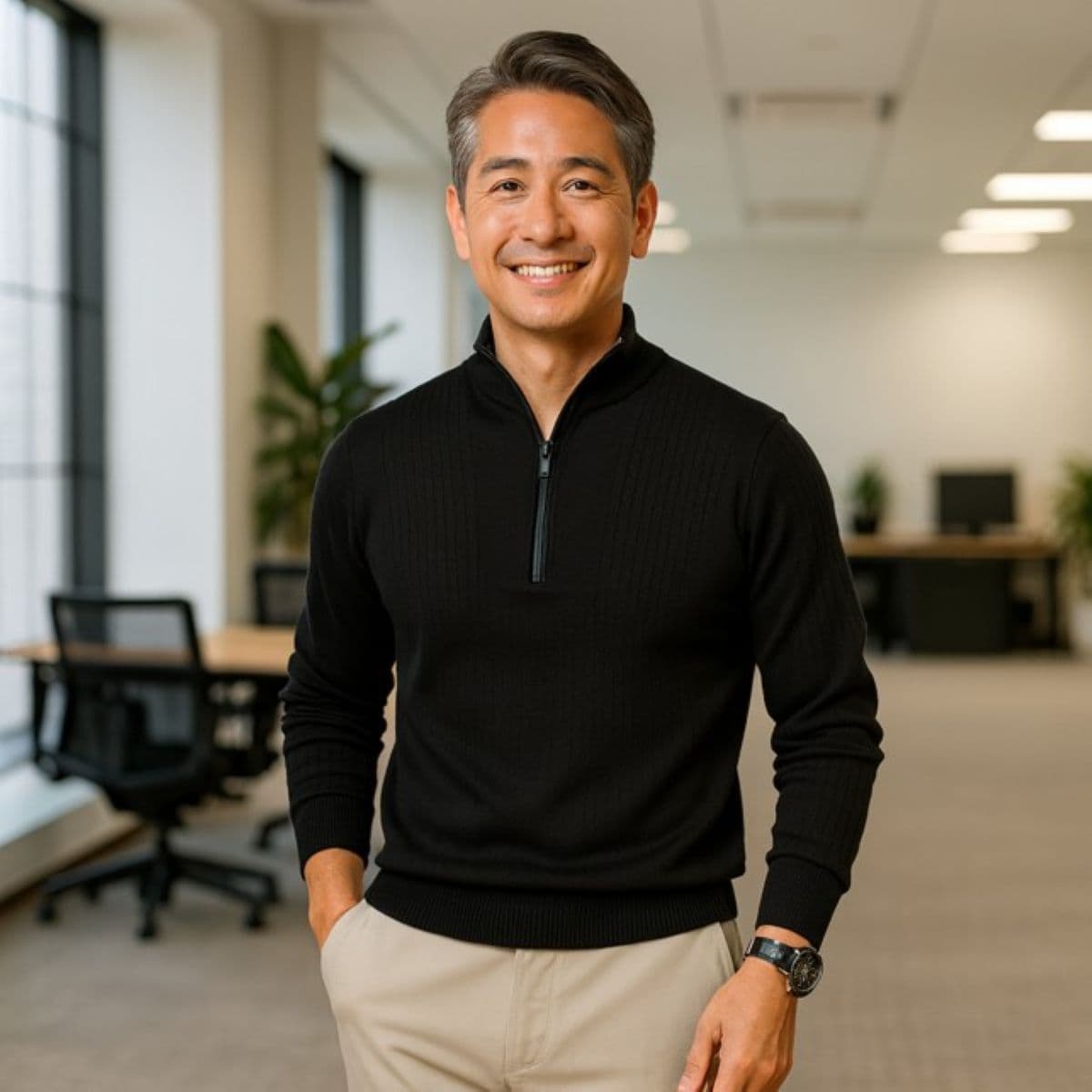 50代メンズファッション　インナートップスに上質リブ編み 【ハーフジップシャツ】4カラー　