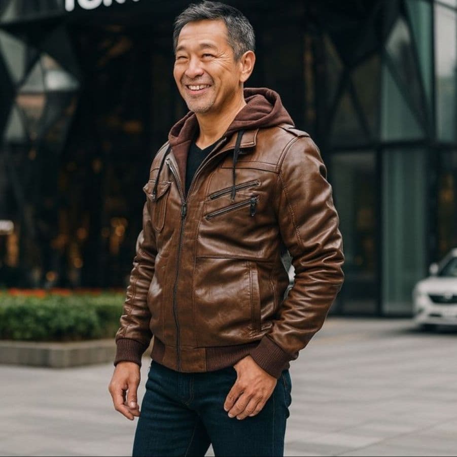 50代メンズファッション フード付き【合成皮革ライダースジャケット】革ジャン・4カラー