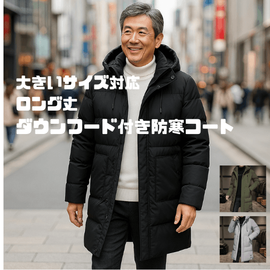 50代メンズファッション 大きいサイズ対応　【ロング丈ダウンフード付き防寒コート】