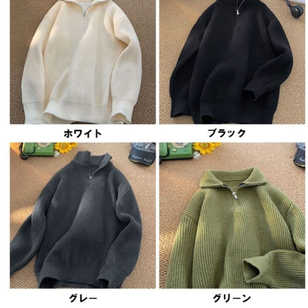50代メンズファッション ハーフジップ立ち襟【ワッフル編みカシミア・ニットセーター】