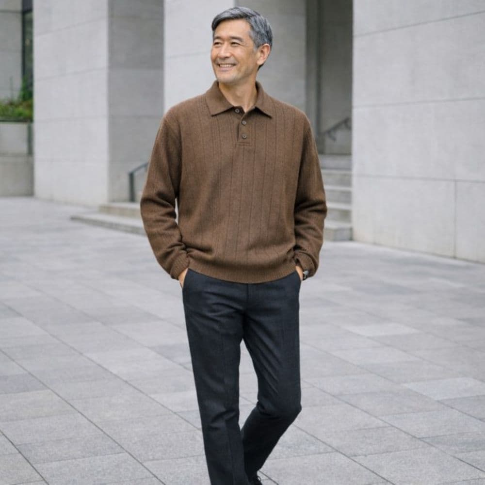 50代メンズファッション　 リブ編みポロ襟【ニットセーター】　全3色