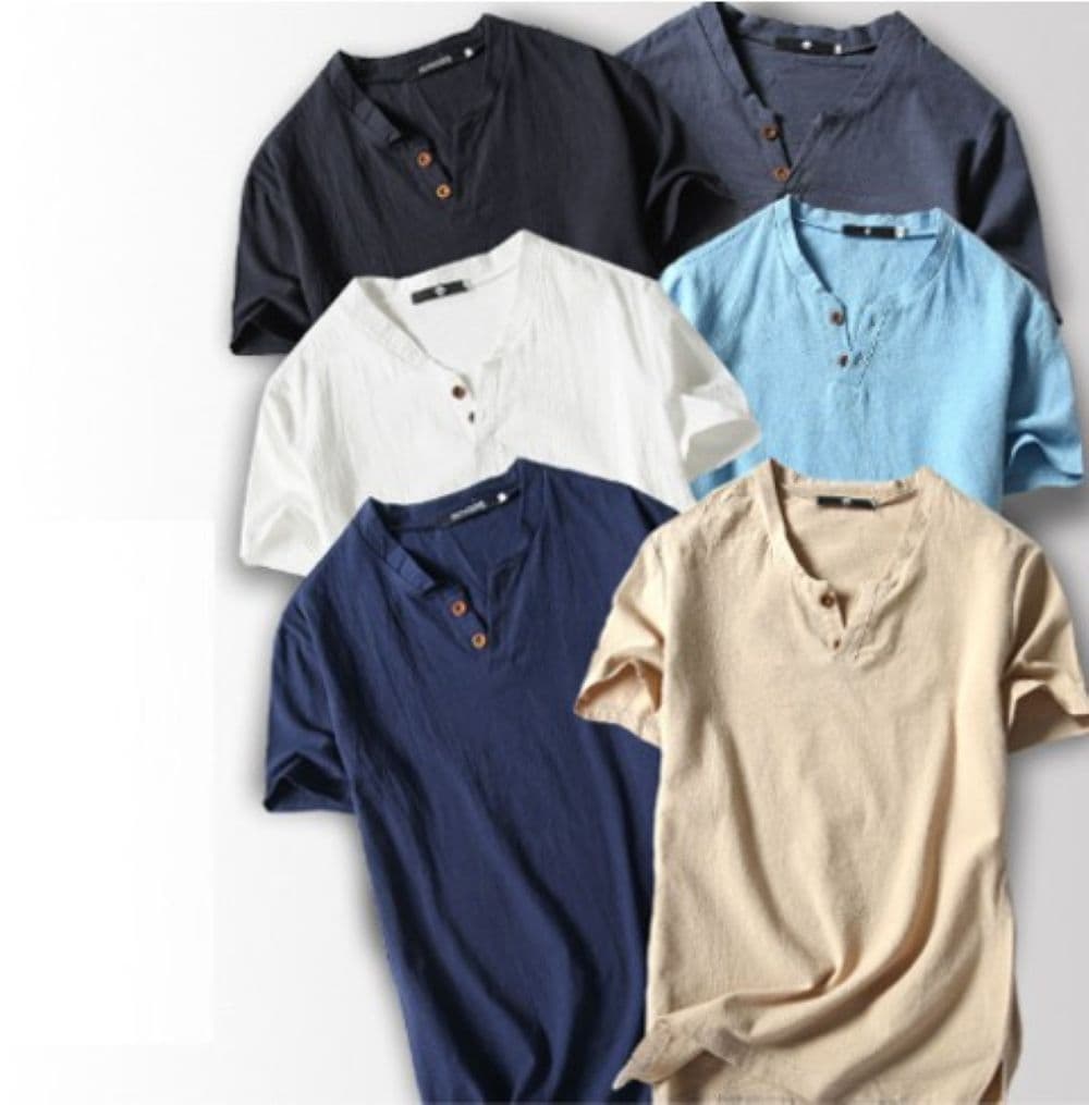 50代メンズファッション 麻混素材【ヘンリーネックTシャツ】