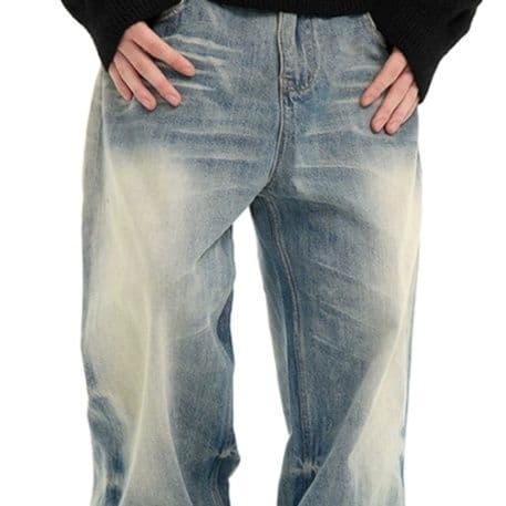 50代メンズファッション 【ビンテージ風色落ち加工デニム・ワイドジーンズ】