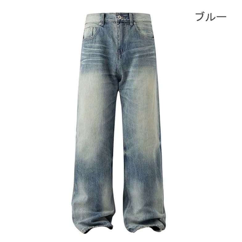 50代メンズファッション 【ビンテージ風色落ち加工デニム・ワイドジーンズ】