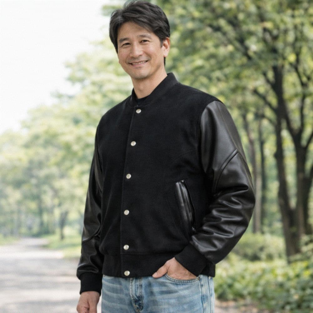 50代メンズファッション　【合皮袖スタジアムジャンパー】