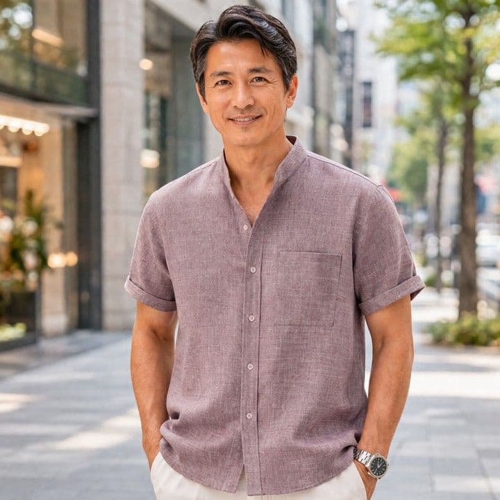 50代メンズファッション 　【麻混紡カラー半袖シャツ】
