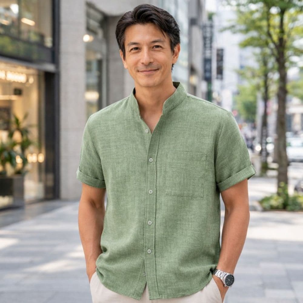 50代メンズファッション 　【麻混紡カラー半袖シャツ】