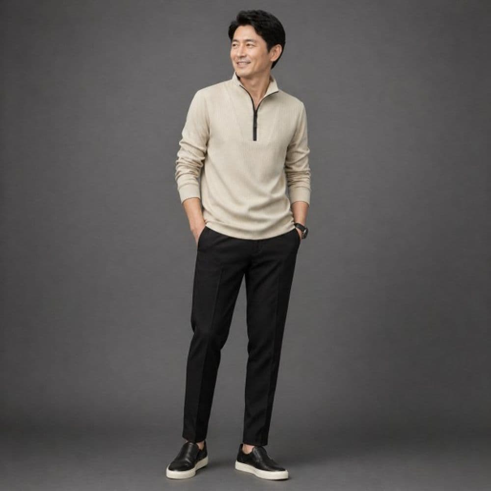 50代メンズファッション　インナートップスに上質リブ編み 【ハーフジップシャツ】4カラー　