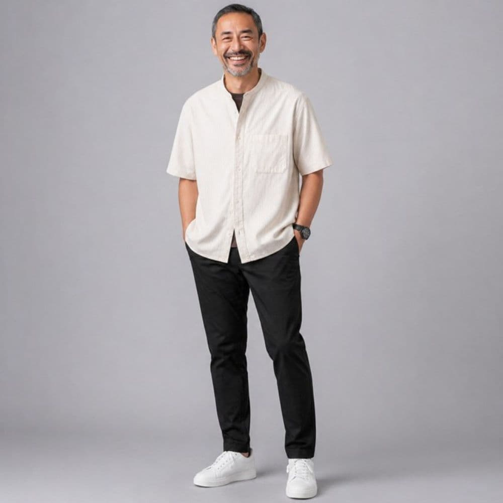 50代メンズファッション 上質【スタンドカラー半袖シャツ】
