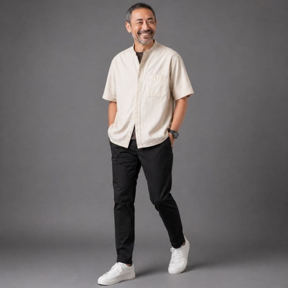 50代メンズファッション 上質【スタンドカラー半袖シャツ】