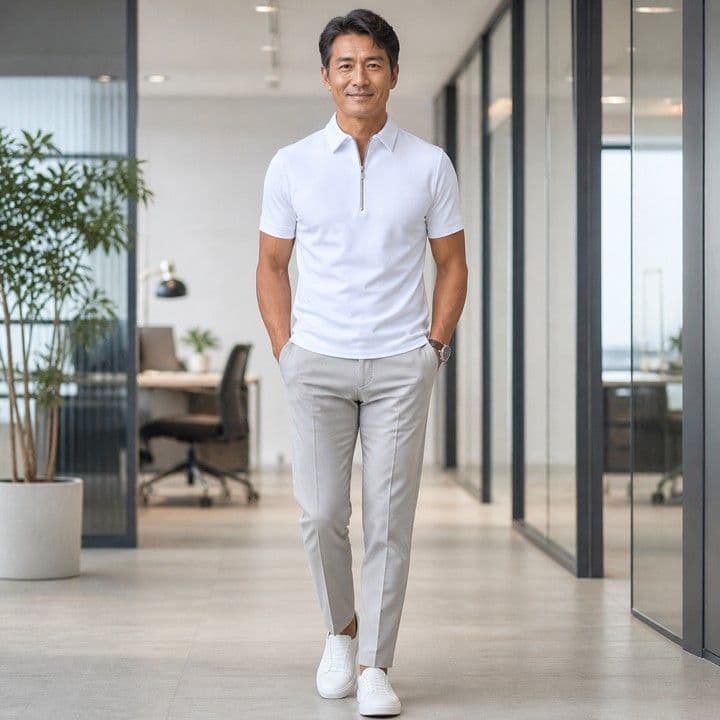50代メンズファッション 上質コットン 【ハーフジップポロシャツ】