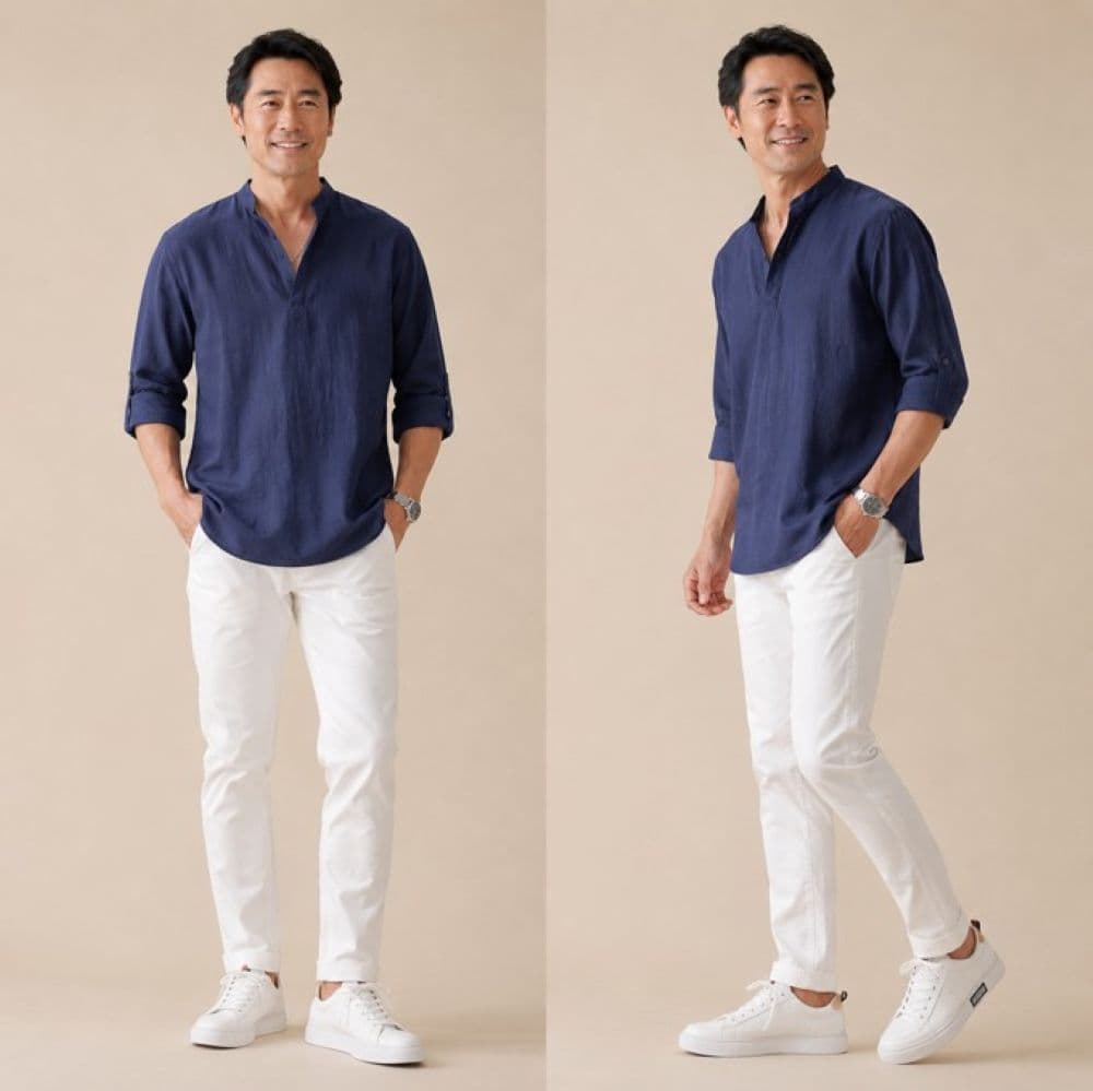 50代メンズファッション  リネン素材ゆったりルーズ【ヘンリーネックシャツ】