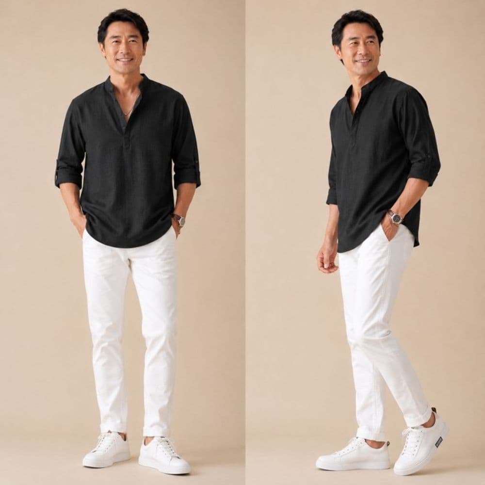 50代メンズファッション  リネン素材ゆったりルーズ【ヘンリーネックシャツ】