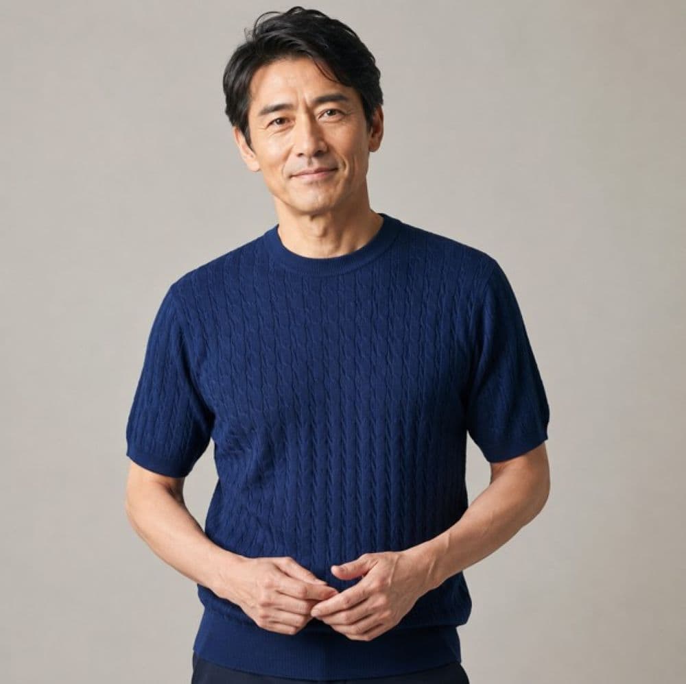 50代メンズファッション 立体編み柄　【サマーニット】