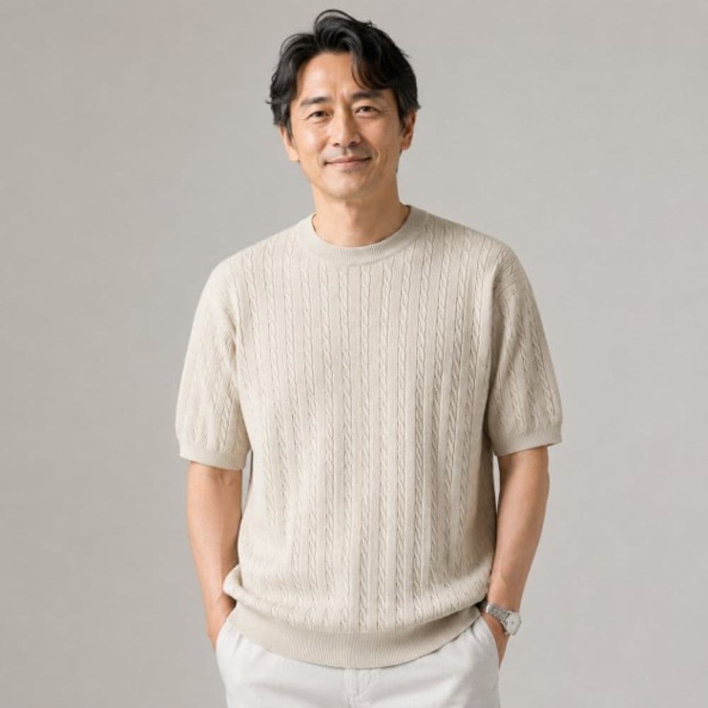 50代メンズファッション 立体編み柄　【サマーニット】