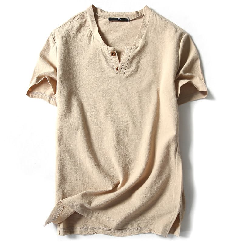 50代メンズファッション 麻混素材【ヘンリーネックTシャツ】