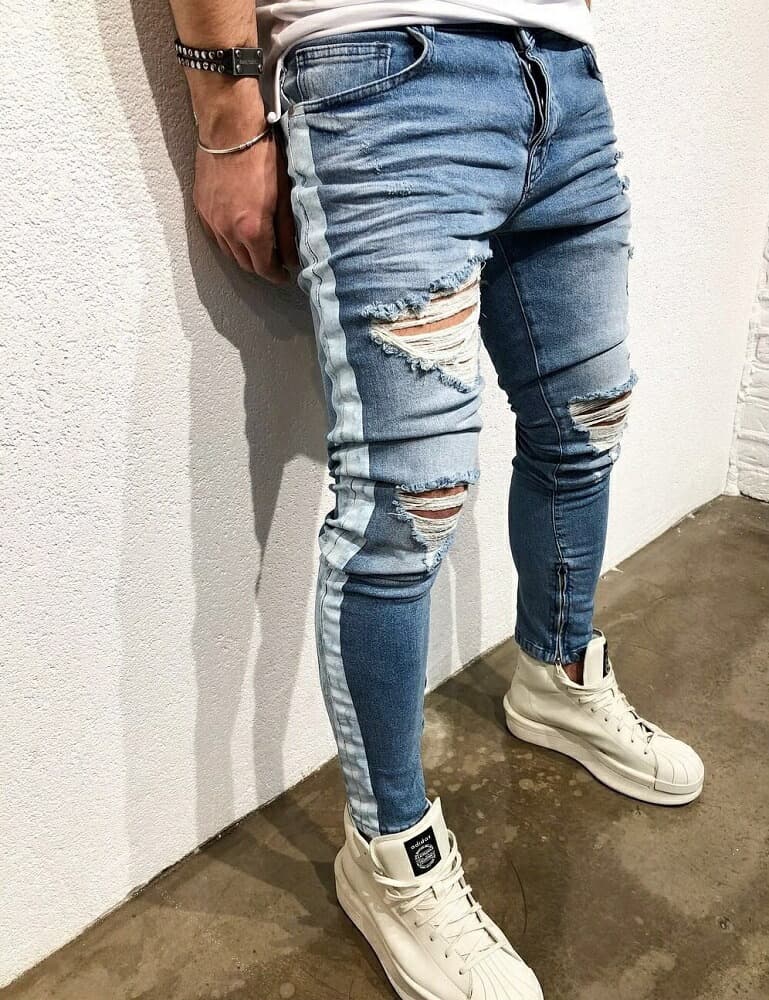 50代メンズファッション サイドライン入り【ダメージデニムパンツ】
