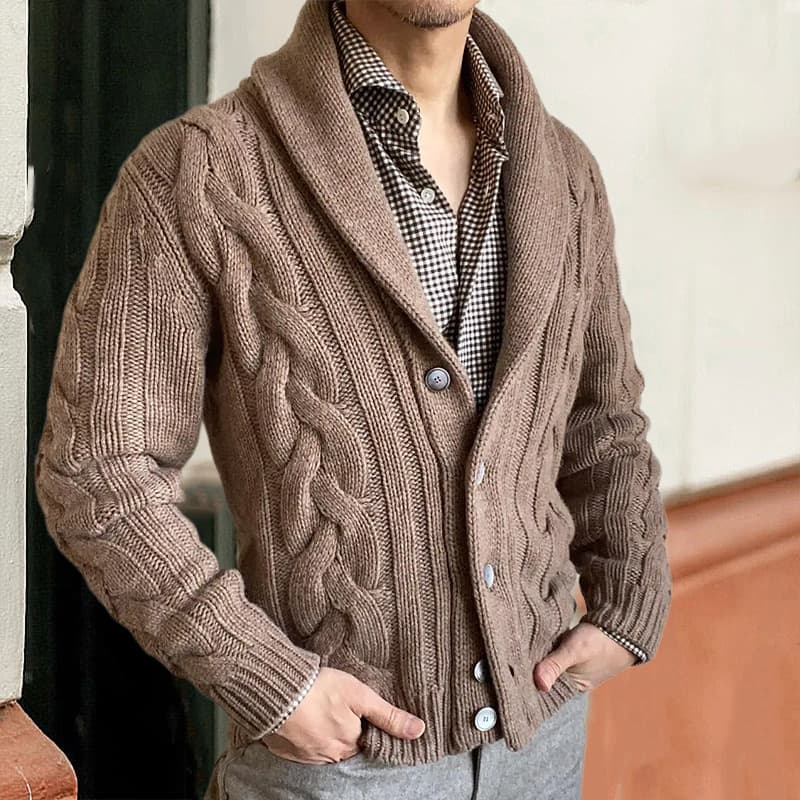 50代メンズファッション ケーブル編みショールカラー【ニットカーディガン】