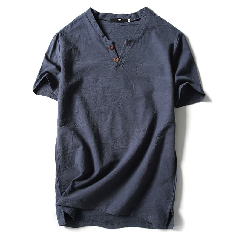 50代メンズファッション 麻混素材【ヘンリーネックTシャツ】