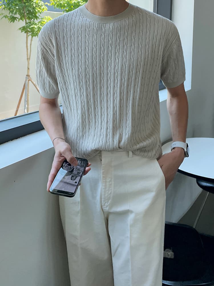 50代メンズファッション 立体編み柄　【サマーニット】