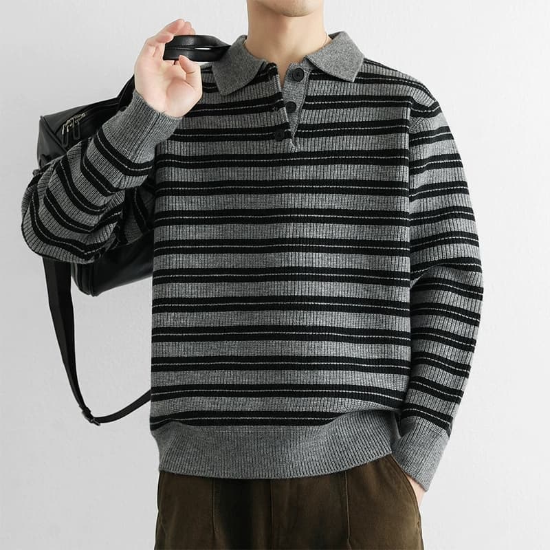 50代メンズファッション　ボーダー柄【長袖ニットセーター襟付】
