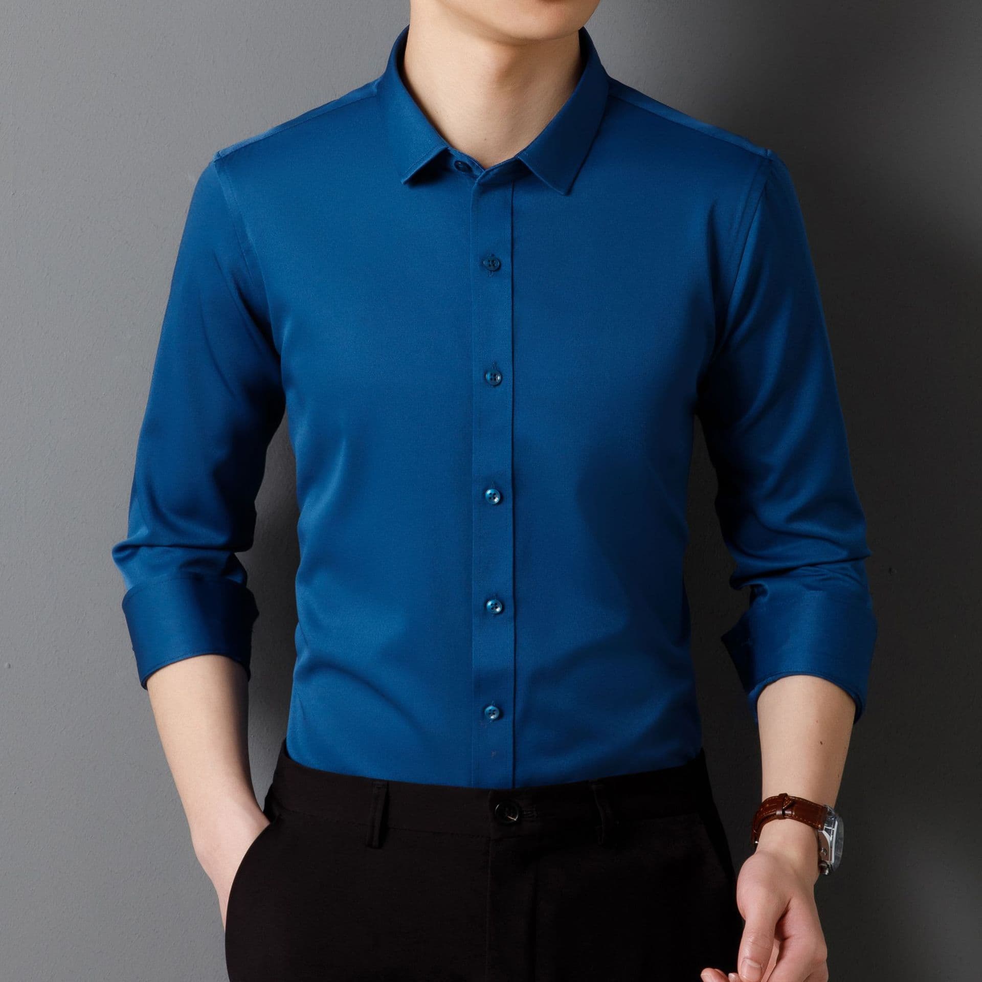 50代メンズファッション トップス 上質シルク混【スリムフィットドレスシャツ】4カラー