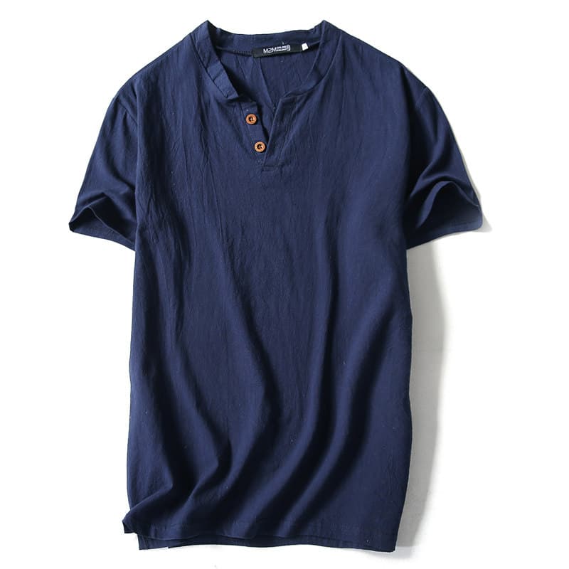 50代メンズファッション 麻混素材【ヘンリーネックTシャツ】