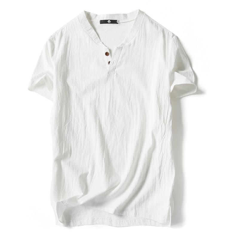 50代メンズファッション 麻混素材【ヘンリーネックTシャツ】
