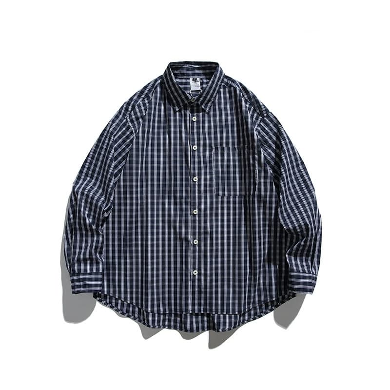 50代メンズファッション 【紺チェック柄長袖シャツ 】