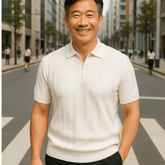50代メンズファッション 上品ストライプ 【ハーフジップポロシャツ】3カラー