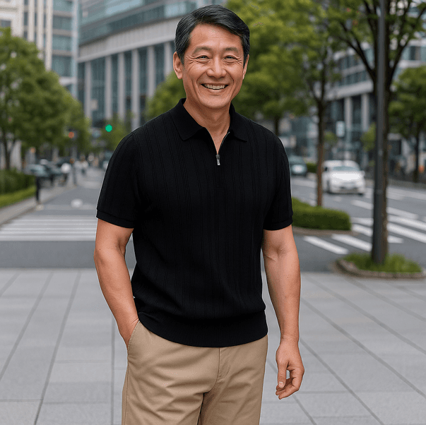 50代メンズファッション 上品ストライプ 【ハーフジップポロシャツ】3カラー