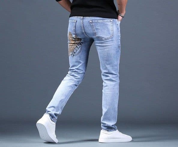 50代メンズファッション パンツ/ズボン デザイン刺繍入り【スリムテーパード・ジーンズ】