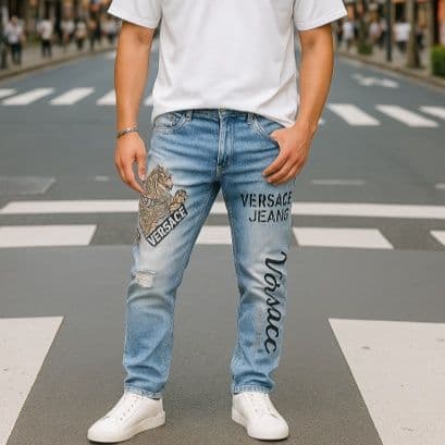 50代メンズファッション パンツ/ズボン デザイン刺繍入り【スリムテーパード・ジーンズ】