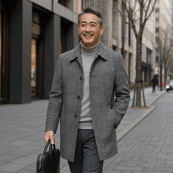 50代メンズファッション アウター 上質チェック柄中綿入り【ステンカラーコート】