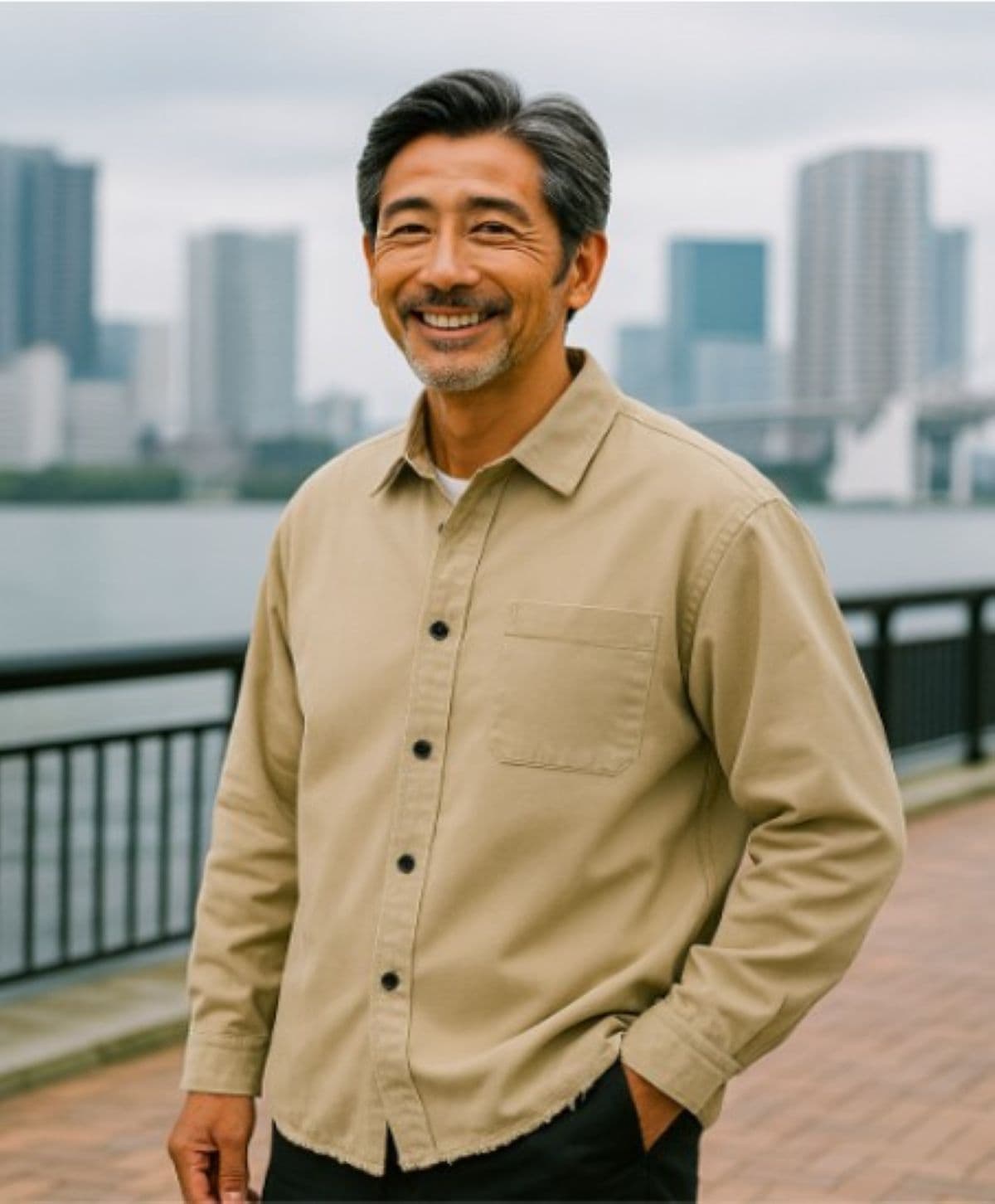 50代メンズファッション 上品な大人の普段着用【襟付き無地長袖シャツ】
