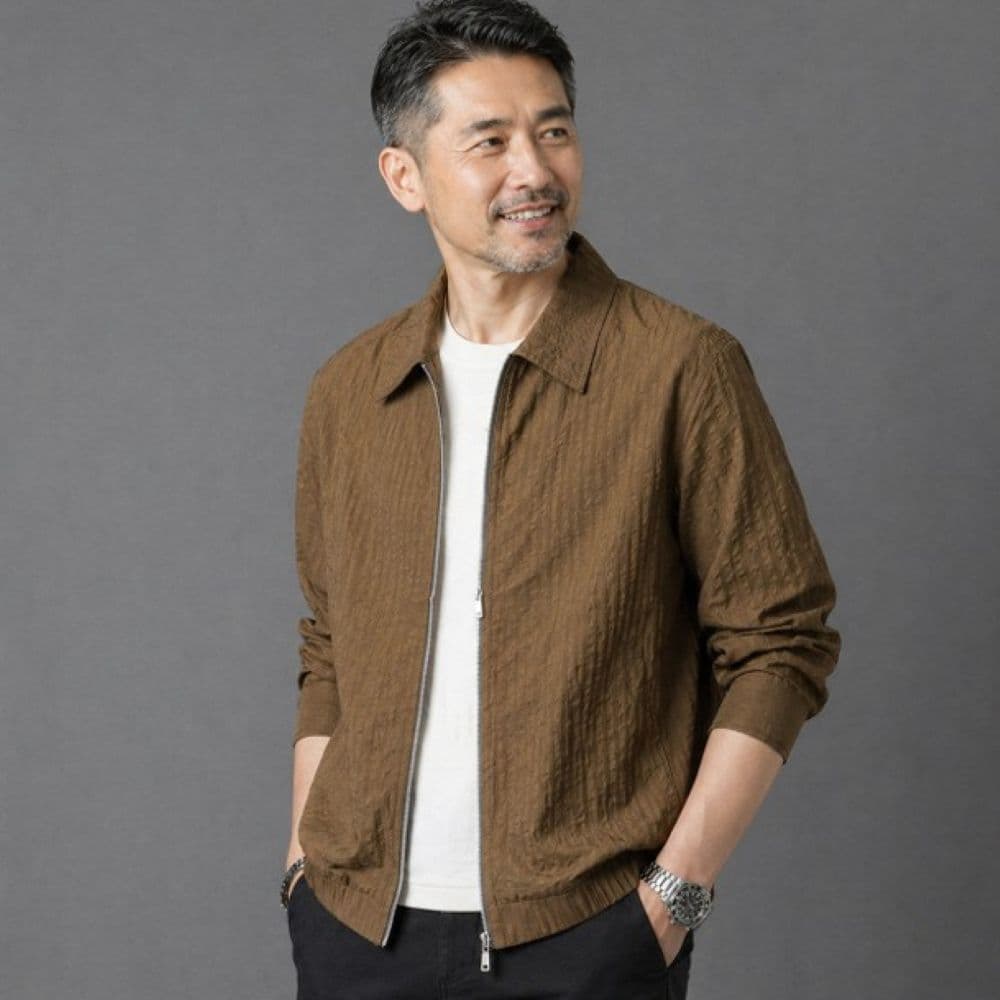 50代メンズファッション 薄手【織り柄ジップアップ・ブルゾン】