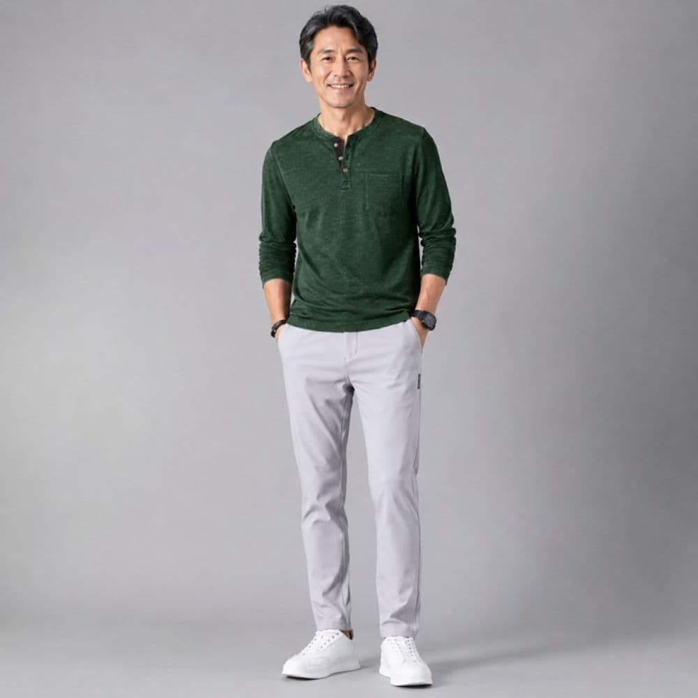 50代メンズファッション ヘンリーネック【長袖カットソー】ポケット付き