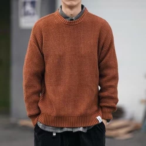 50代メンズファッション ワッフル編み【丸首ニットセーター】