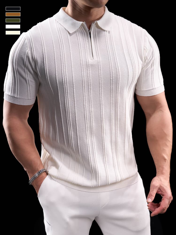 50代メンズファッション 上品ストライプ 【ハーフジップポロシャツ】3カラー