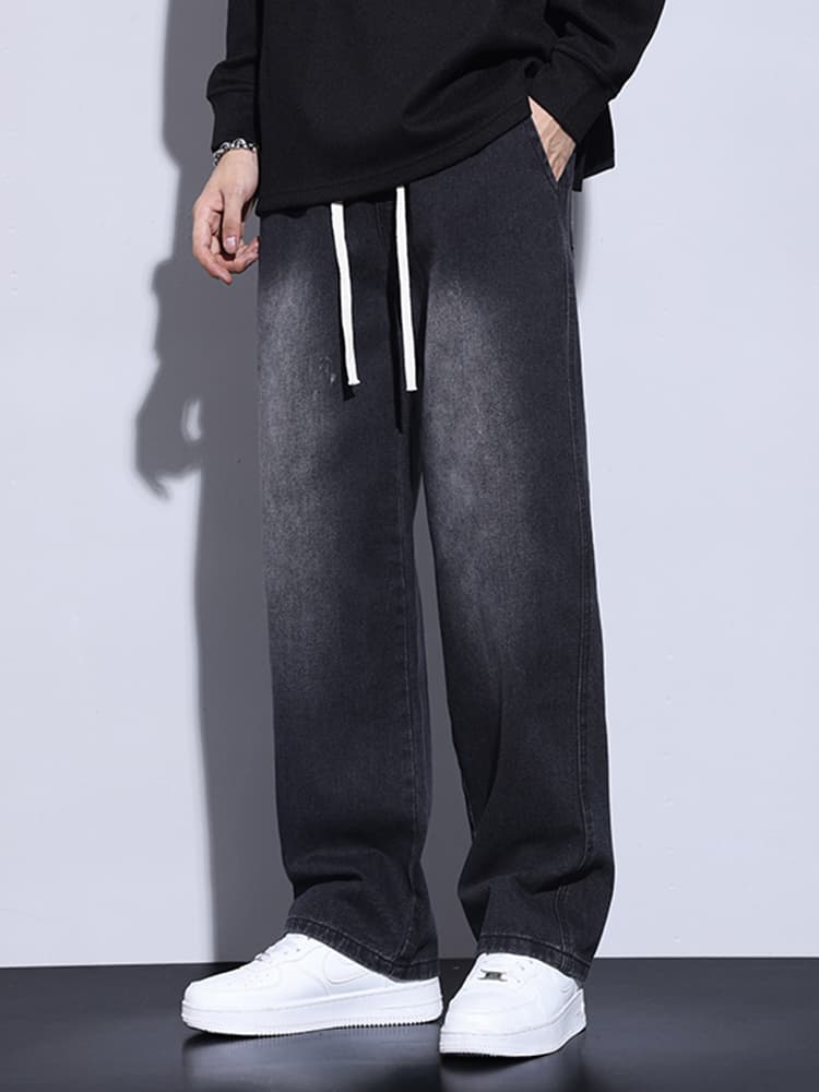 50代メンズファッション パンツ/ズボン ドローコード入りストレートデニム