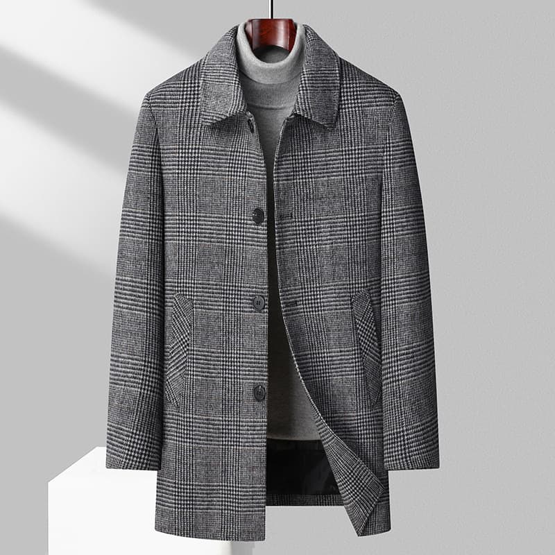 50代メンズファッション アウター 上質チェック柄中綿入り【ステンカラーコート】